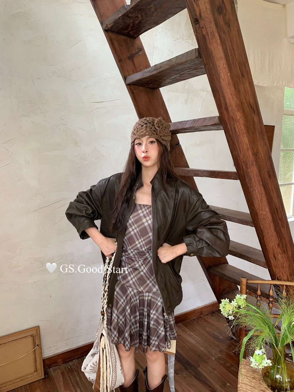 GS.GOOD START Asymmetrical Plaid Cami Dress Set