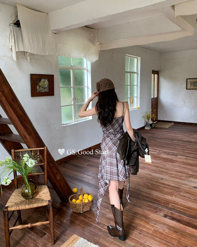 GS.GOOD START Asymmetrical Plaid Cami Dress Set