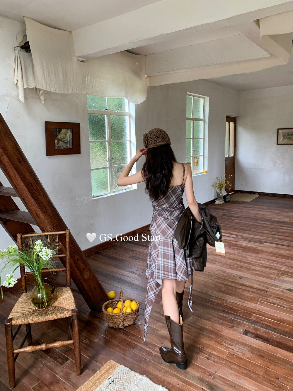 GS.GOOD START Asymmetrical Plaid Cami Dress Set