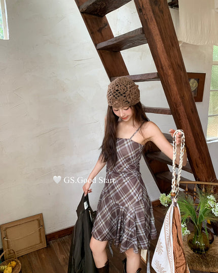 GS.GOOD START Asymmetrical Plaid Cami Dress Set