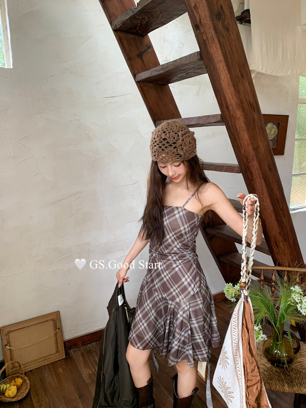 GS.GOOD START Asymmetrical Plaid Cami Dress Set