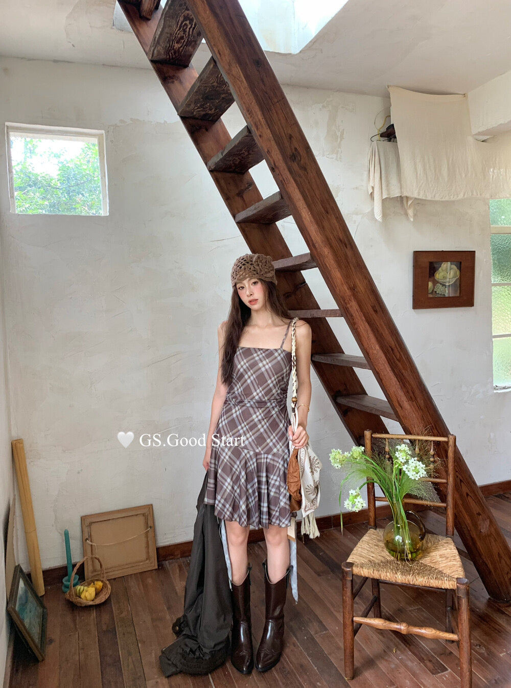 GS.GOOD START Asymmetrical Plaid Cami Dress Set