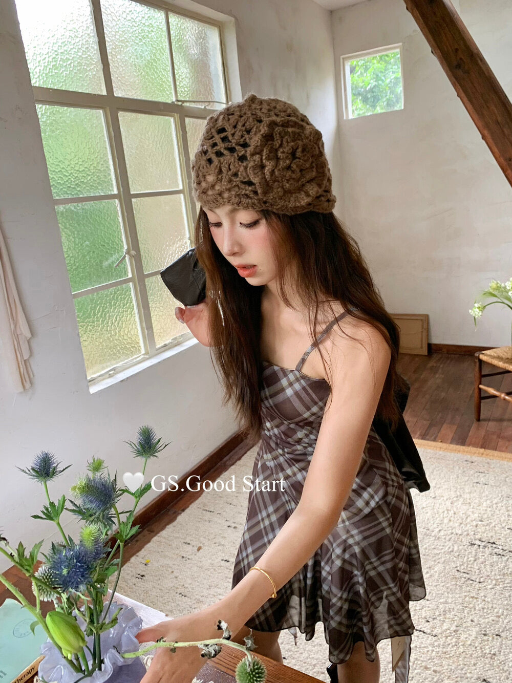 GS.GOOD START Asymmetrical Plaid Cami Dress Set