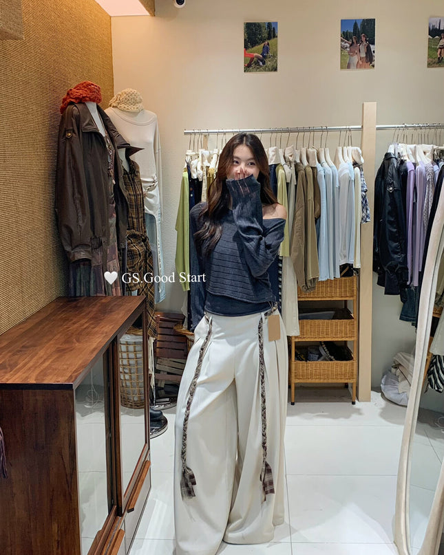 GS.GOOD START Pleated Wide-Leg Trousers with Waist Tie