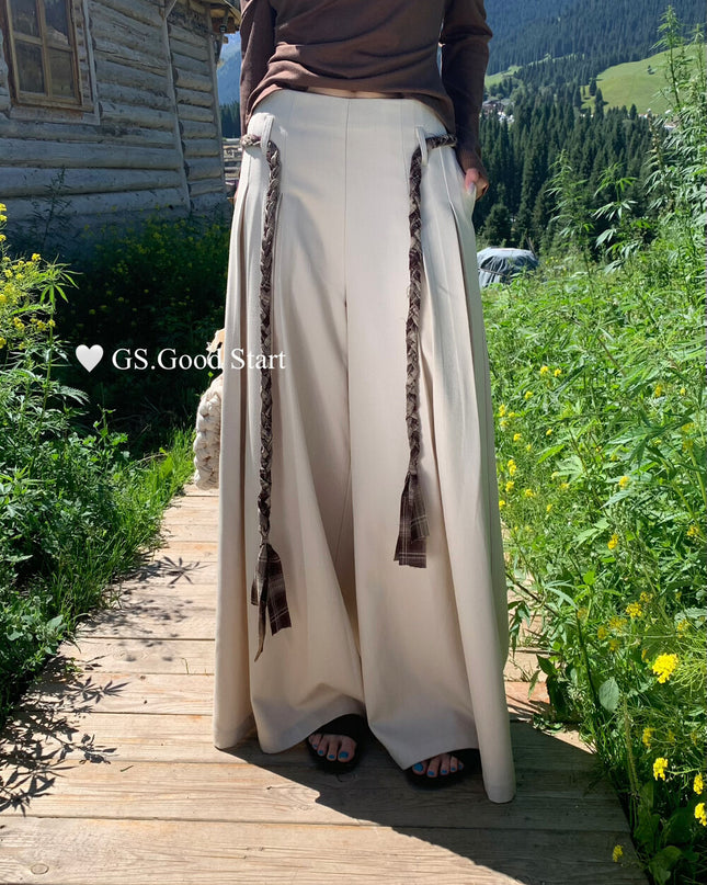 GS.GOOD START Pleated Wide-Leg Trousers with Waist Tie