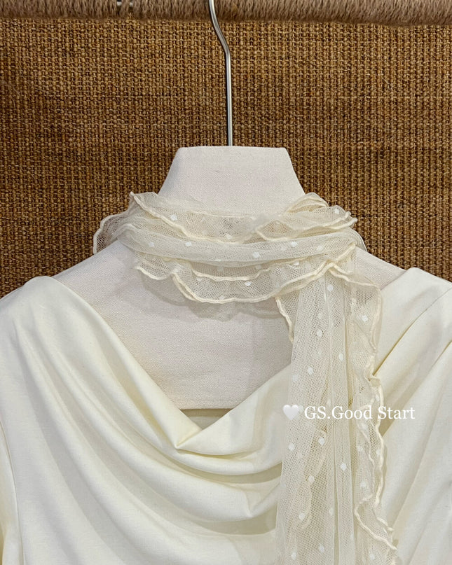 GS.GOOD START Polka Dot Lace Cowl Neck Blouse (with Tie)
