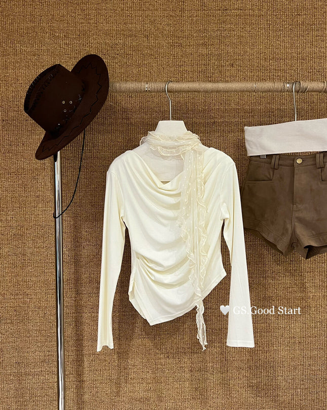 GS.GOOD START Polka Dot Lace Cowl Neck Blouse (with Tie)