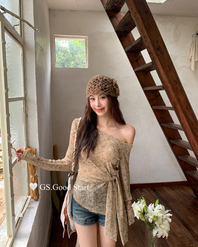 GS.GOOD START Tie-Dye Waist-Tie Feminine Blouse