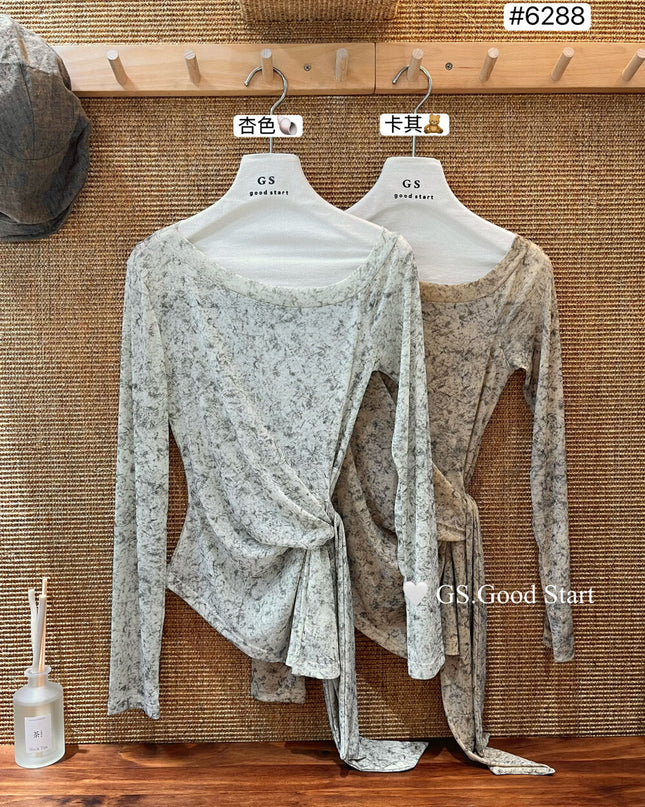GS.GOOD START Tie-Dye Waist-Tie Feminine Blouse