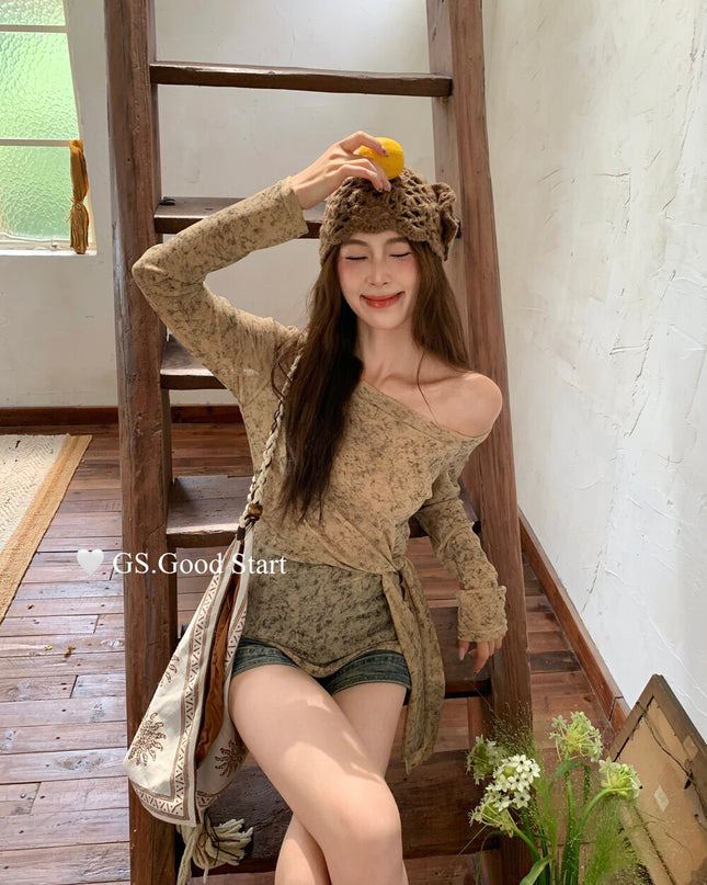 GS.GOOD START Tie-Dye Waist-Tie Feminine Blouse
