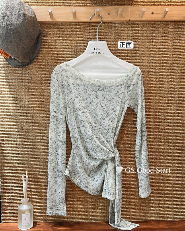 GS.GOOD START Tie-Dye Waist-Tie Feminine Blouse