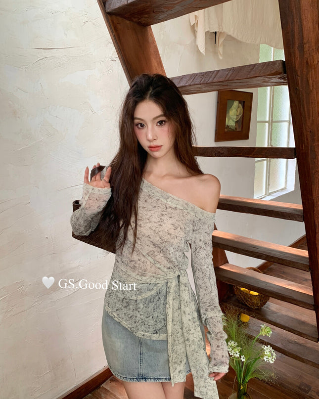 GS.GOOD START Tie-Dye Waist-Tie Feminine Blouse