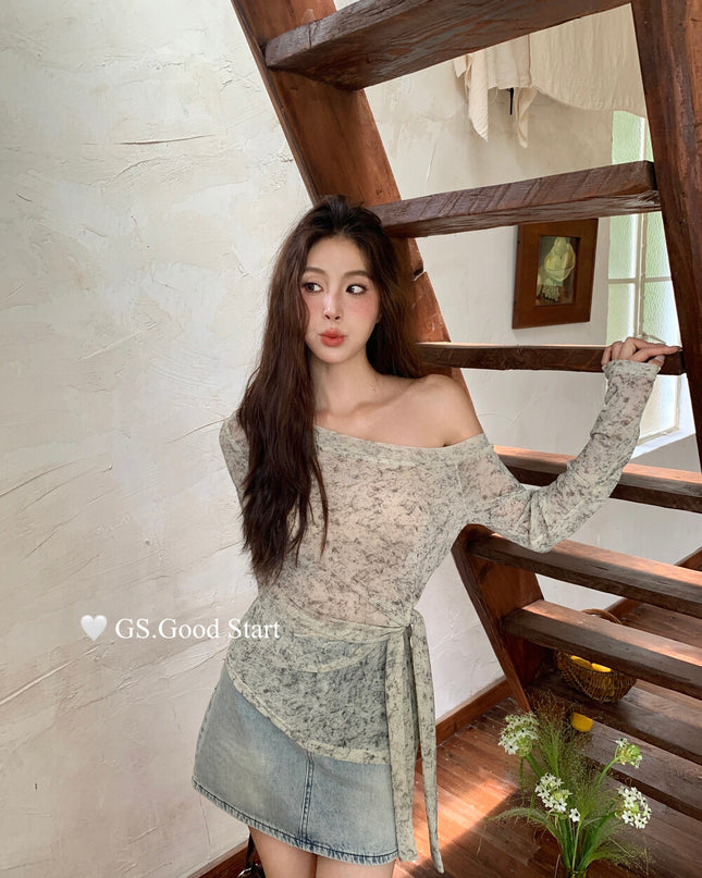 GS.GOOD START Tie-Dye Waist-Tie Feminine Blouse