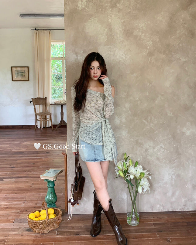 GS.GOOD START Tie-Dye Waist-Tie Feminine Blouse