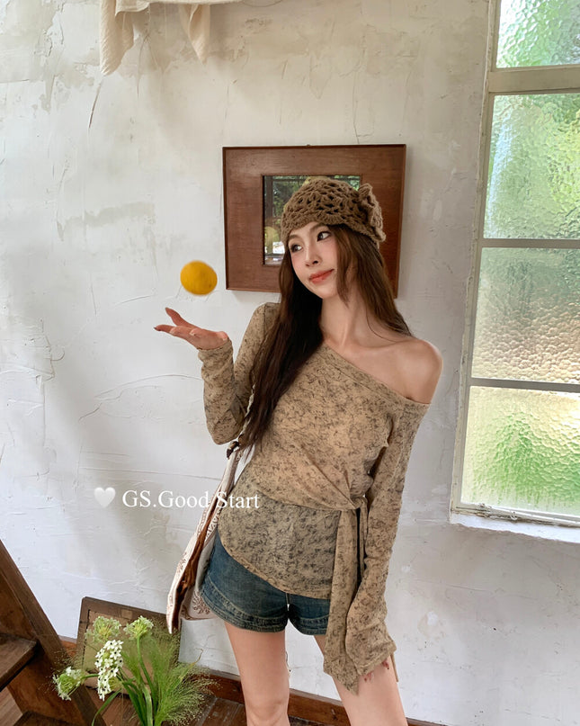 GS.GOOD START Tie-Dye Waist-Tie Feminine Blouse