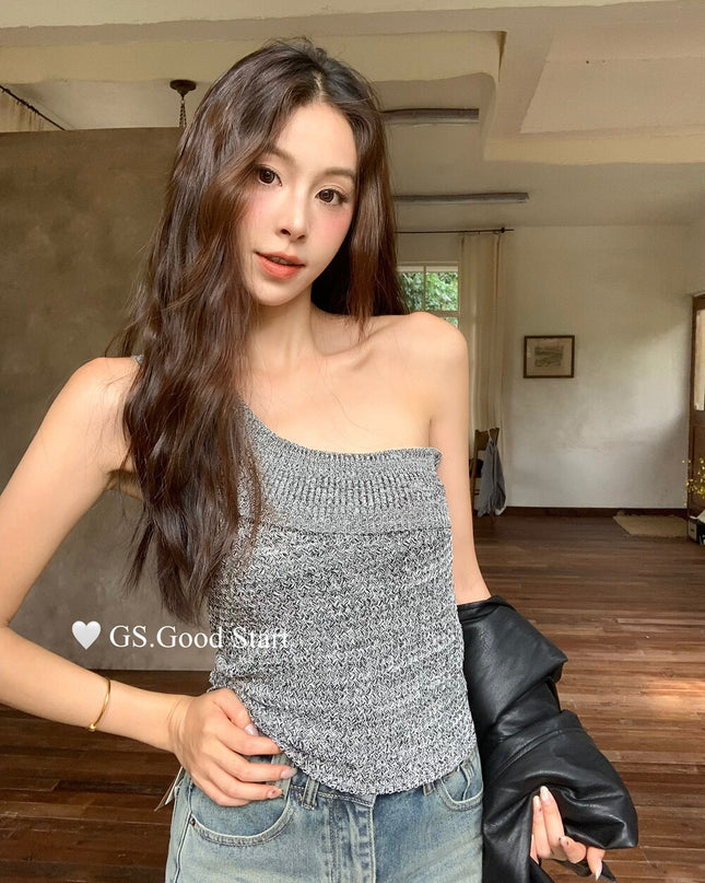 GS.GOOD START Asymmetrical Shoulder Cropped Vest Top