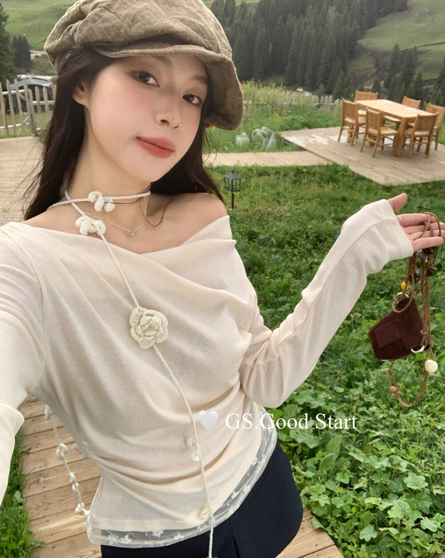 GS.GOOD START Lace-Trim Floral Drape Neck Top (With Removable Ribbon)
