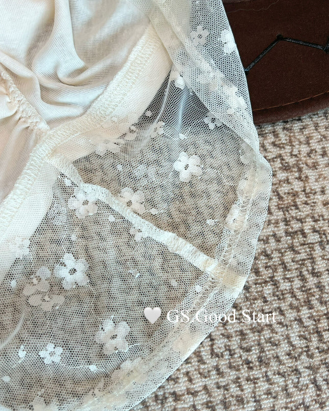 GS.GOOD START Lace-Trim Floral Drape Neck Top (With Removable Ribbon)