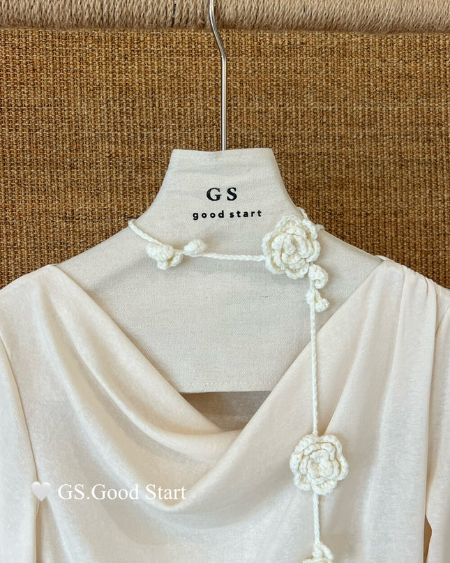 GS.GOOD START Lace-Trim Floral Drape Neck Top (With Removable Ribbon)