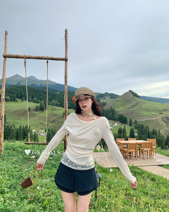 GS.GOOD START Lace-Trim Floral Drape Neck Top (With Removable Ribbon)
