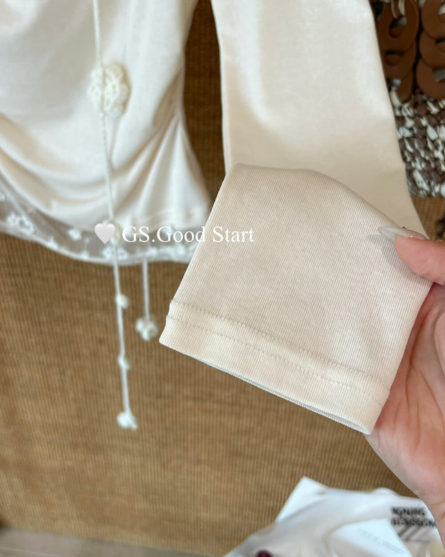 GS.GOOD START Lace-Trim Floral Drape Neck Top (With Removable Ribbon)