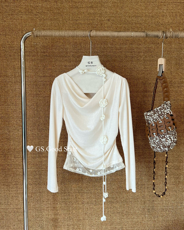 GS.GOOD START Lace-Trim Floral Drape Neck Top (With Removable Ribbon)