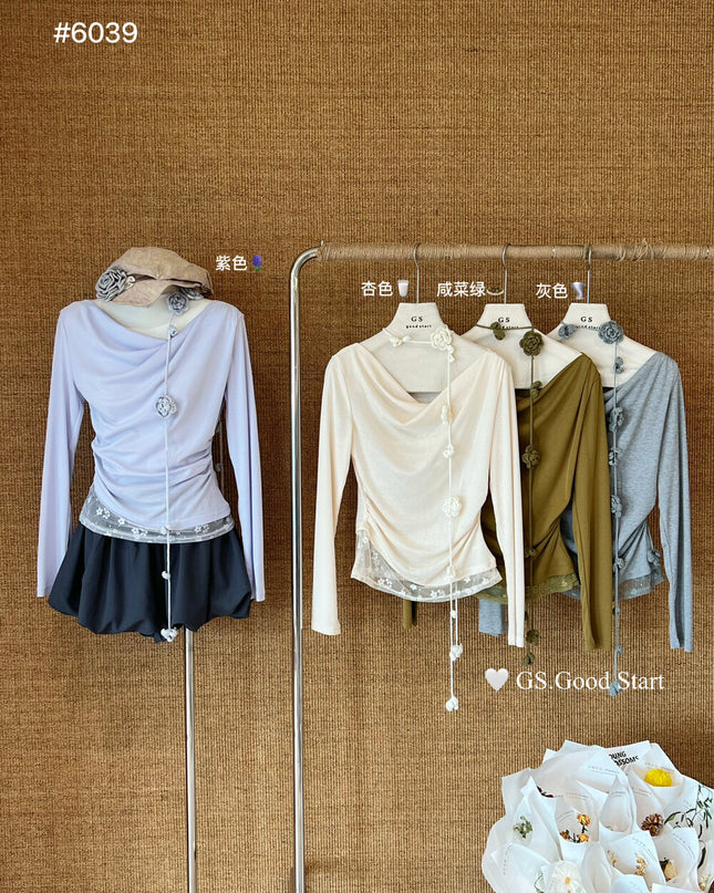 GS.GOOD START Lace-Trim Floral Drape Neck Top (With Removable Ribbon)