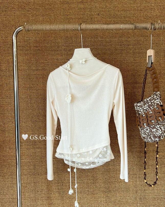 GS.GOOD START Lace-Trim Floral Drape Neck Top (With Removable Ribbon)
