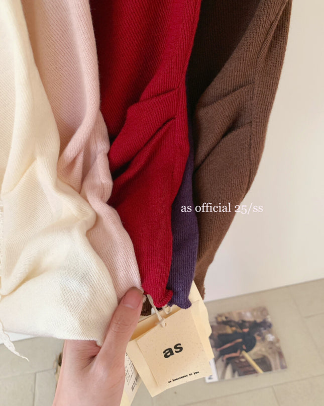 AS OFFICIAL Off-Shoulder Drape Knit Top with Floral Tie (Wool Blend)