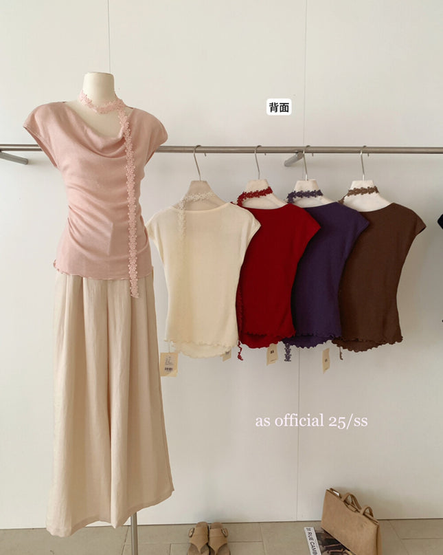AS OFFICIAL Off-Shoulder Drape Knit Top with Floral Tie (Wool Blend)