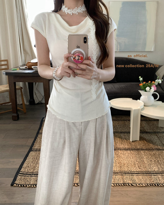 AS OFFICIAL Off-Shoulder Drape Knit Top with Floral Tie (Wool Blend)