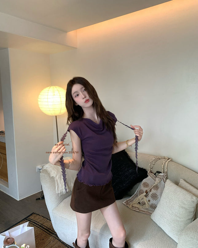 AS OFFICIAL Off-Shoulder Drape Knit Top with Floral Tie (Wool Blend)