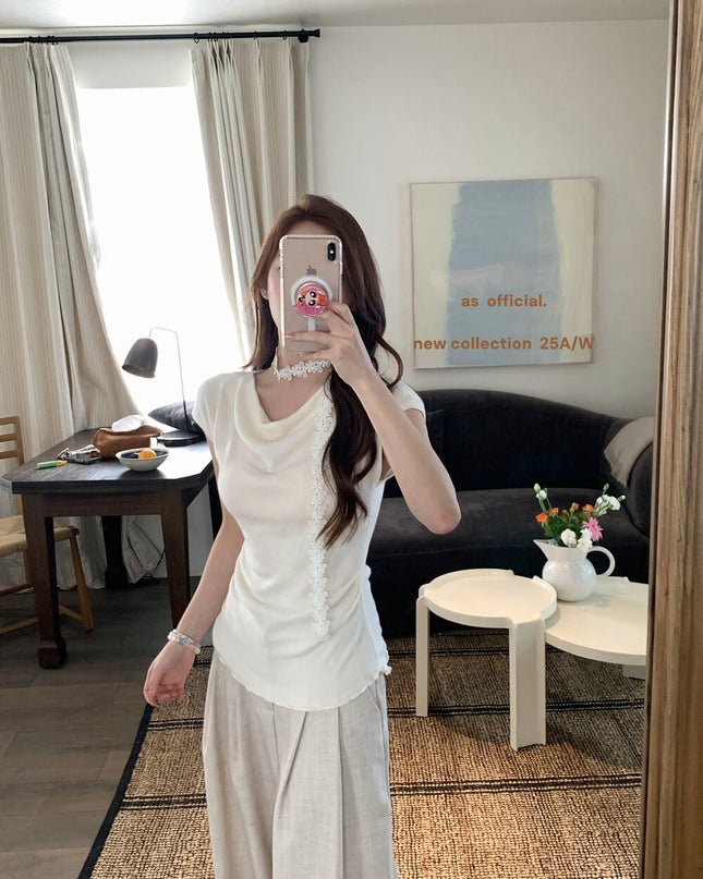 AS OFFICIAL Off-Shoulder Drape Knit Top with Floral Tie (Wool Blend)