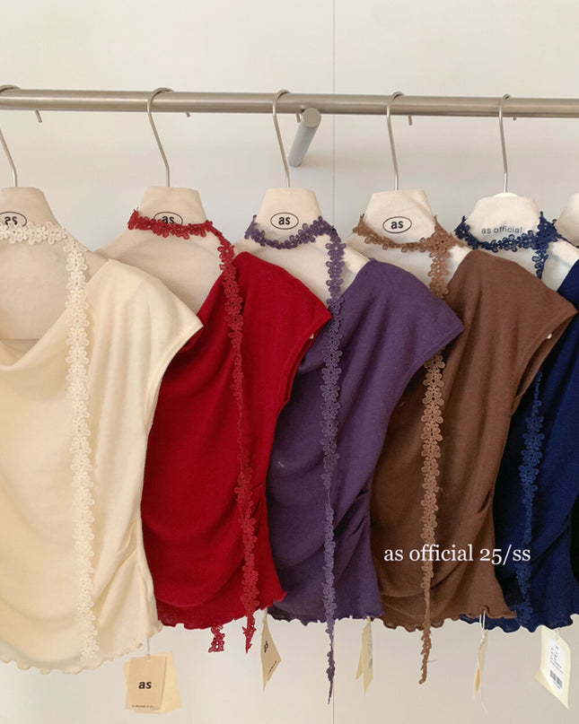 AS OFFICIAL Off-Shoulder Drape Knit Top with Floral Tie (Wool Blend)