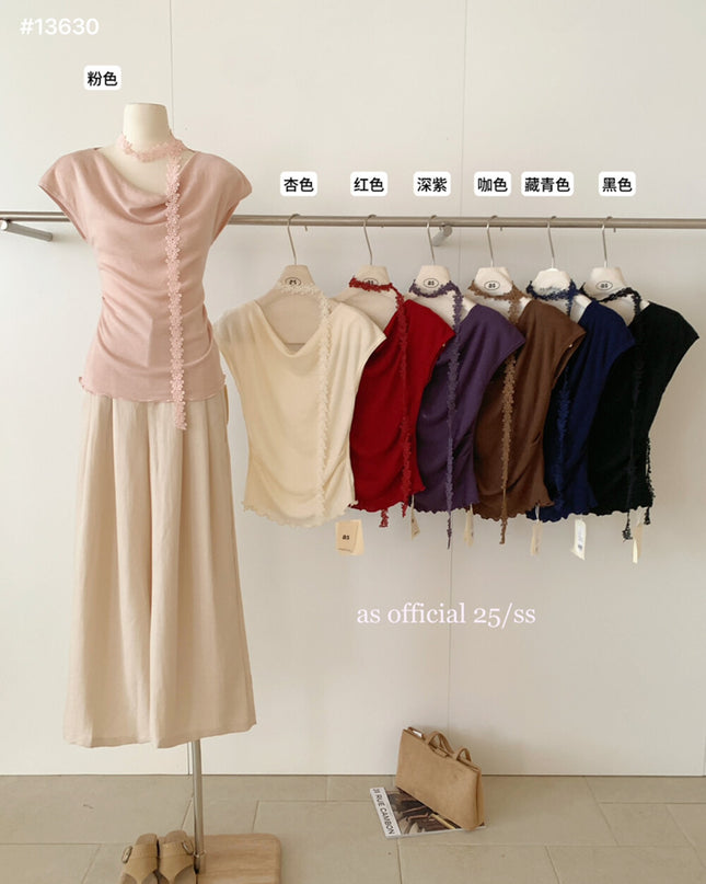 AS OFFICIAL Off-Shoulder Drape Knit Top with Floral Tie (Wool Blend)