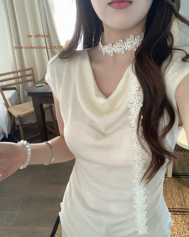 AS OFFICIAL Off-Shoulder Drape Knit Top with Floral Tie (Wool Blend)