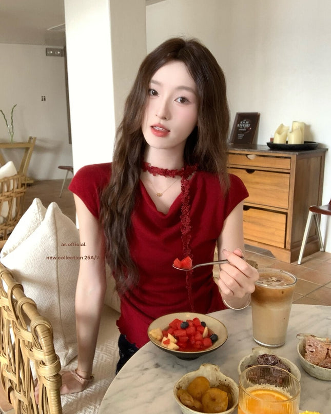 AS OFFICIAL Off-Shoulder Drape Knit Top with Floral Tie (Wool Blend)