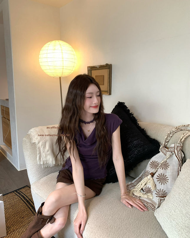 AS OFFICIAL Off-Shoulder Drape Knit Top with Floral Tie (Wool Blend)