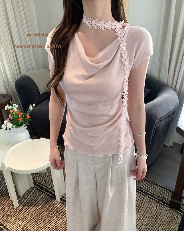 AS OFFICIAL Off-Shoulder Drape Knit Top with Floral Tie (Wool Blend)