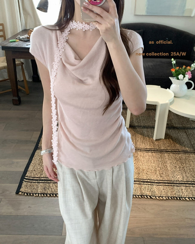 AS OFFICIAL Off-Shoulder Drape Knit Top with Floral Tie (Wool Blend)
