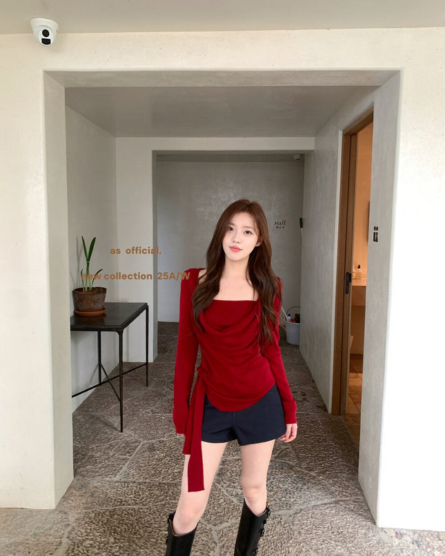 AS OFFICIAL Waist Slimming Drape Tie Knit Top