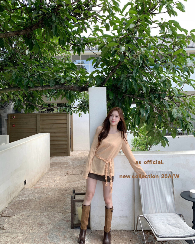 AS OFFICIAL Cutout Cold-Shoulder Knit Top with Waist Belt