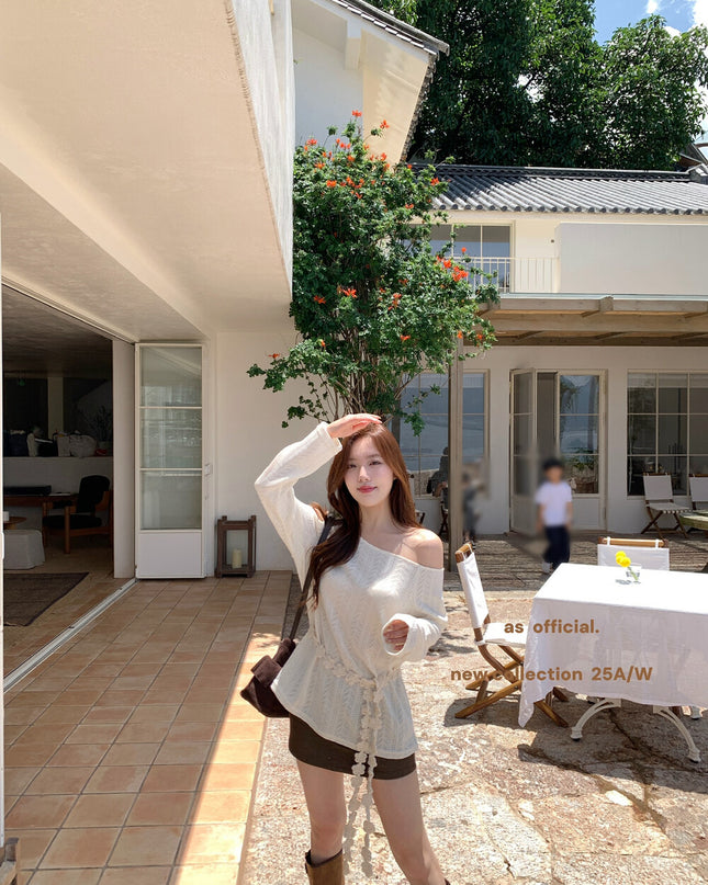AS OFFICIAL Cutout Cold-Shoulder Knit Top with Waist Belt