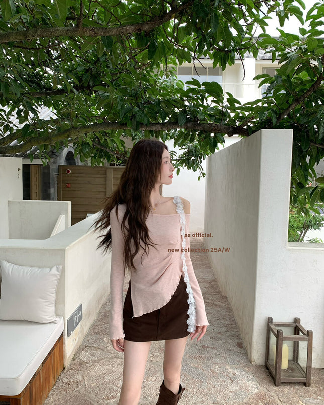 AS OFFICIAL Lace Floral Ribbon Off-Shoulder Top