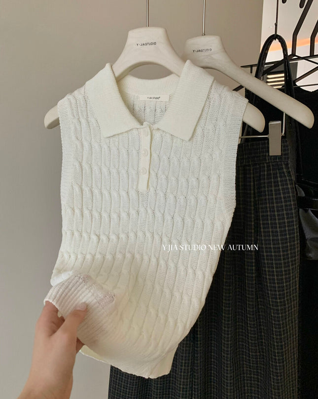 Y.JIA Cable Knit Polo Top + Vintage Plaid Casual Pants Set