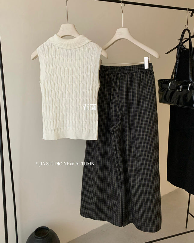Y.JIA Cable Knit Polo Top + Vintage Plaid Casual Pants Set