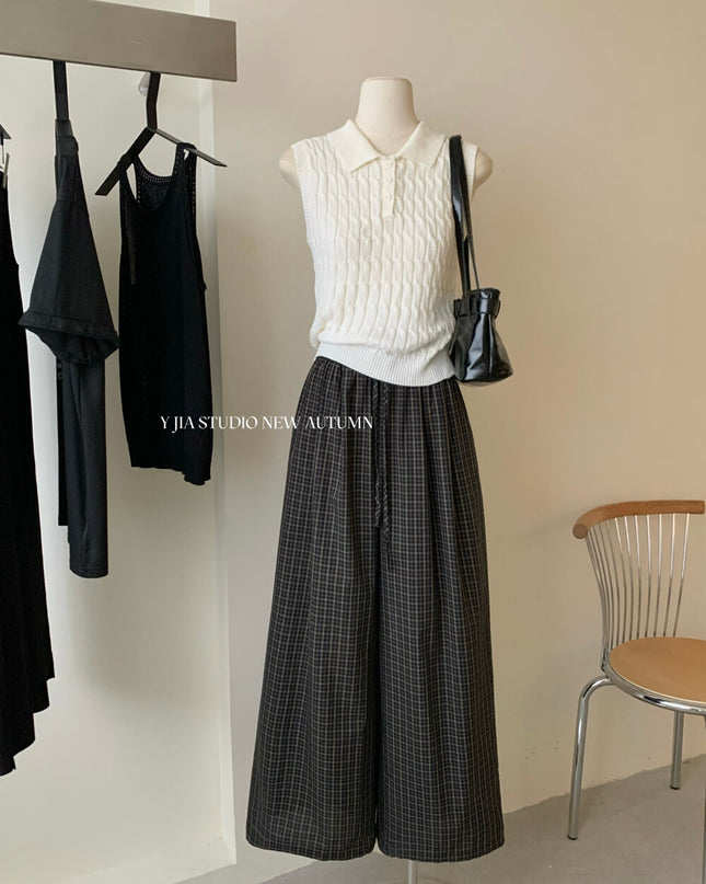 Y.JIA Cable Knit Polo Top + Vintage Plaid Casual Pants Set