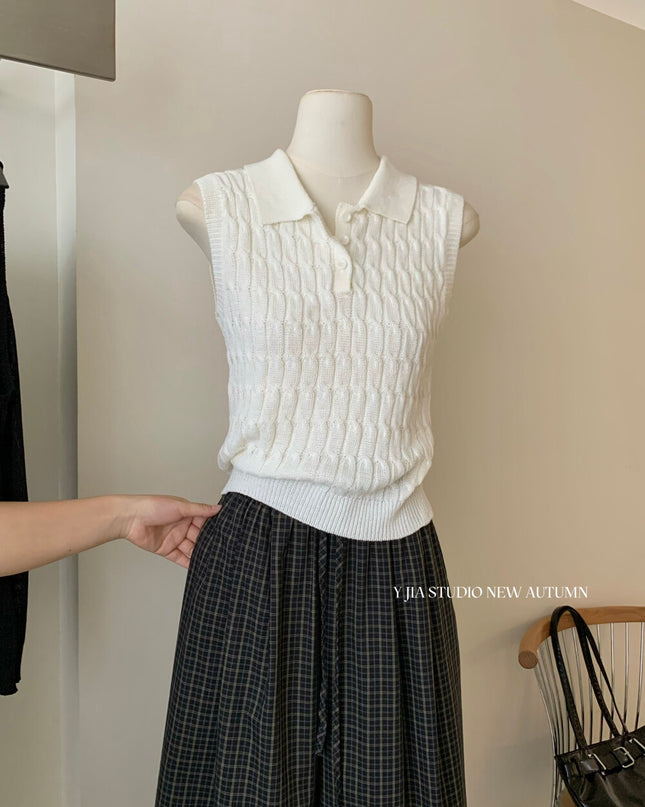 Y.JIA Cable Knit Polo Top + Vintage Plaid Casual Pants Set