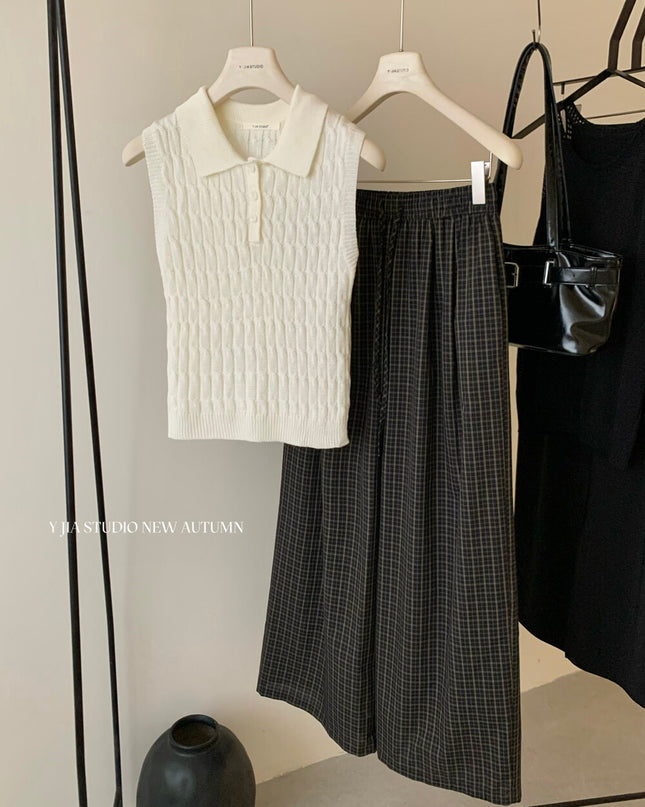 Y.JIA Cable Knit Polo Top + Vintage Plaid Casual Pants Set