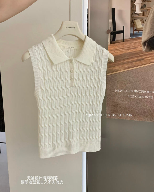 Y.JIA Cable Knit Polo Top + Vintage Plaid Casual Pants Set
